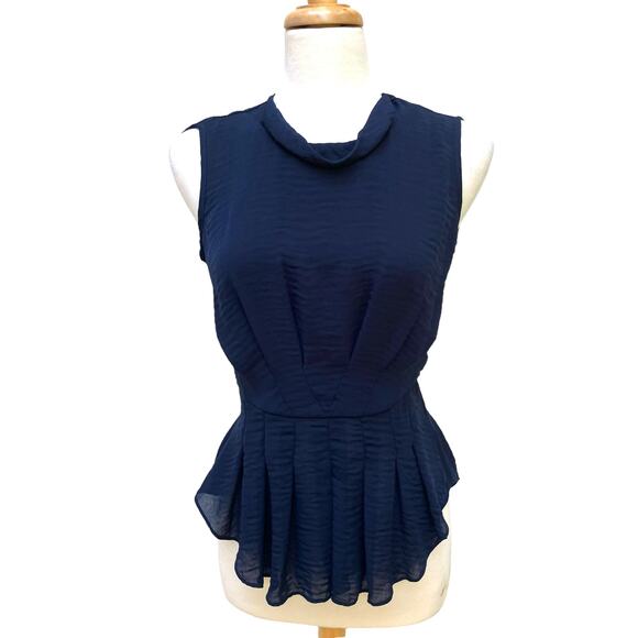 Rebecca Taylor Top Blouse S 2 Navy Silk Blend Draped Neck Peplum Career Office - Picture 1 of 13